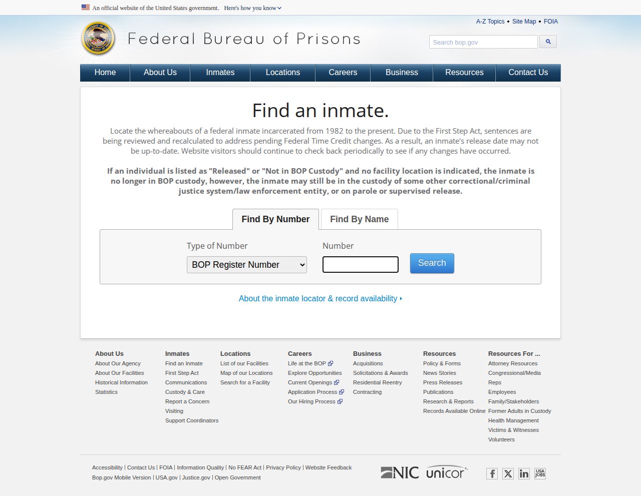 BOP search form for a Morton County federal release check