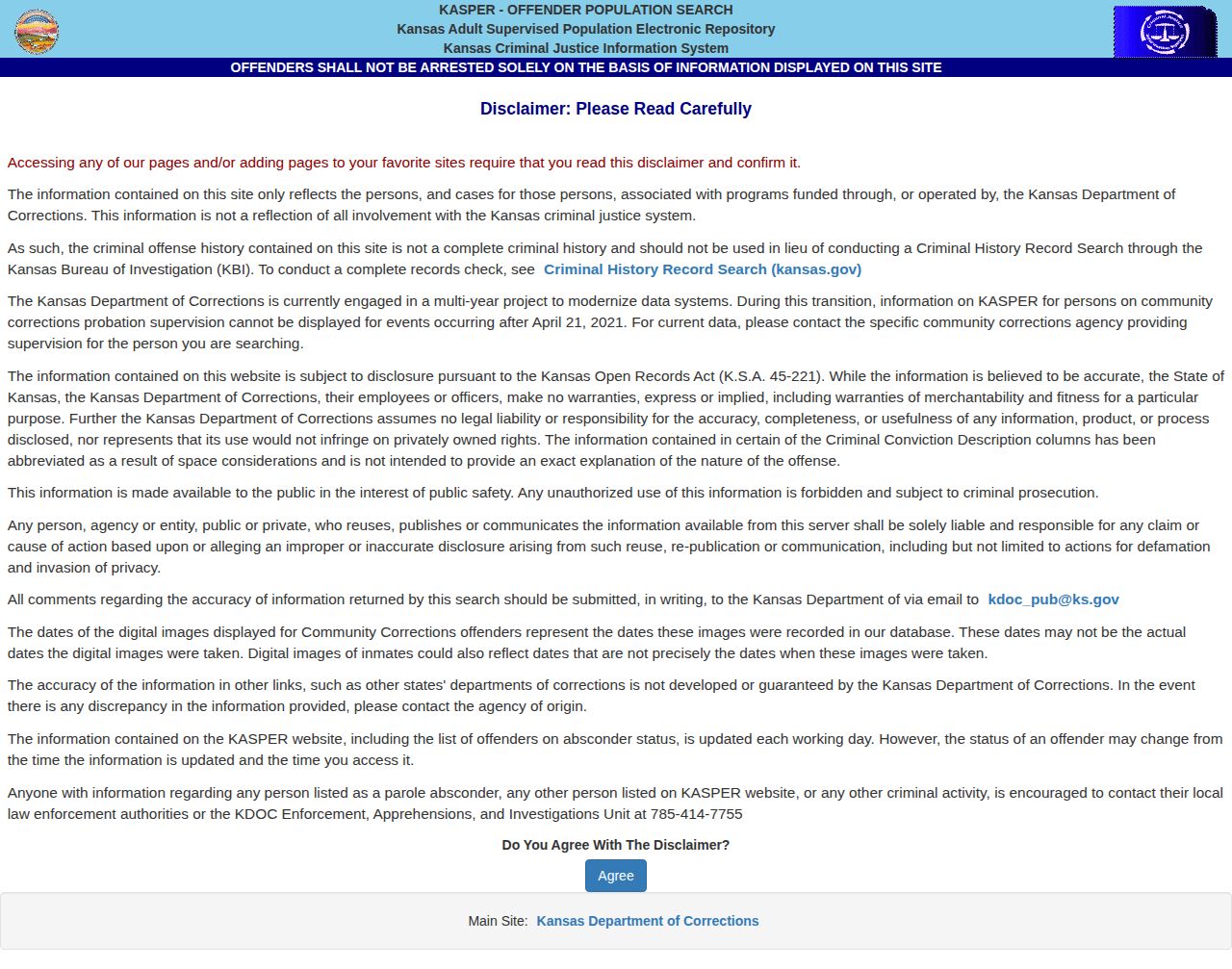 Kansas KASPER search disclaimer and entry page